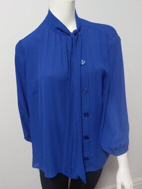 NWT New York & Company Royal Blue Tie Neck Bow Blouse XL